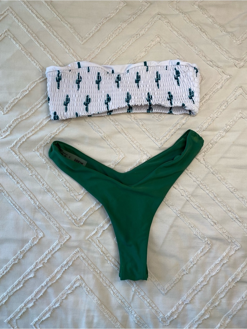 Smocked Cactus Print Bandeau & Green High-Cut Bikini Set